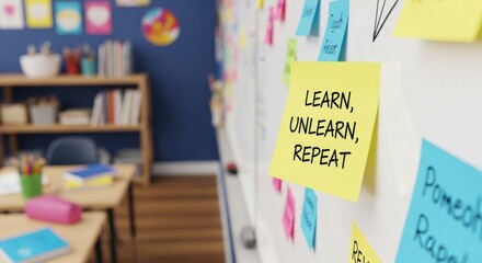 A classroom whiteboard with a sticky note that says learn, unlearn, repeat, emphasizing the importance of continuous learning and adaptation