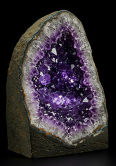 A magnificent amethyst geode stands upright, revealing a cavernous interior filled with sparkling deep purple crystals that catch the light