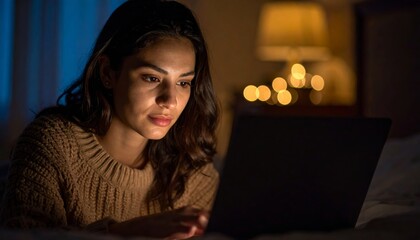 Late Night Focus: Woman's Face Lit by Screen with Warm Bokeh Background