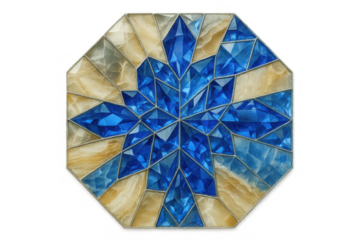 Octagonal stained glass window displaying intricate blue crystal pattern, transparently framed