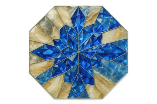 Octagonal stained glass window displaying intricate blue crystal pattern, transparently framed