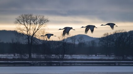 Four Sandhill Cranes Flying in a Cloudy Sky