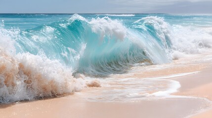 Fototapeta premium Turquoise ocean wave crashing on a sandy beach.