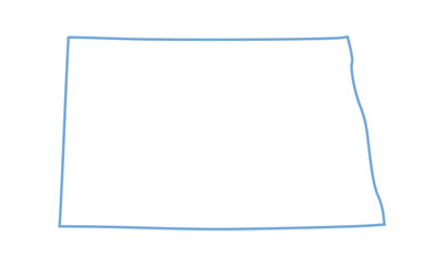 A blue outline of the state of North Dakota on white background
