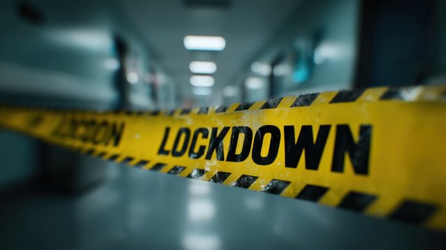 Lockdown warning tape in dark hallway, restricted access and emergency situation concept, alert symbol for health crisis, crime scene, or security lockdown