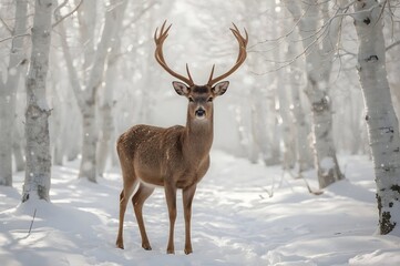 Fototapeta premium Noble deer on the background of white trees in the snow in the forest. Beautiful winter landscape.