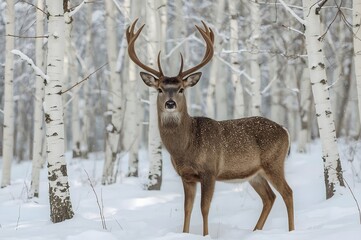 Fototapeta premium Noble deer on the background of white trees in the snow in the forest. Beautiful winter landscape.