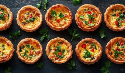 Traditional French mini vegetable and cheese quiches arranged in rustic rows on a dark background, perfect for breakfast, brunch, or gourmet salad pairings as elegant egg tarts
