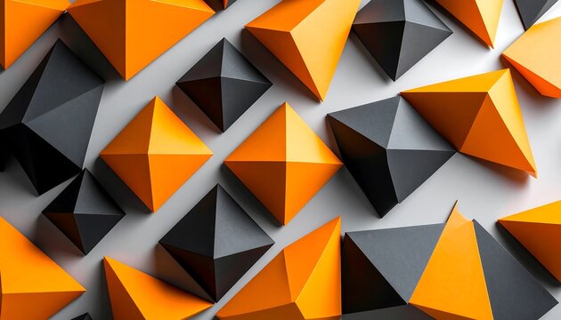 Abstract geometric pattern of orange and black pyramids on a light gray background - Powered by Adobe