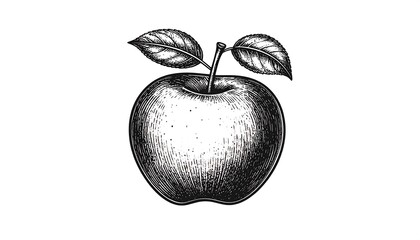 Detailed black and white illustration of an apple