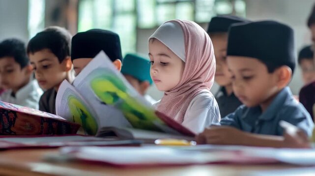 A group of children wearing religious garments and engaged in prayer or study. This  captures a moment of religious education for young Muslims.