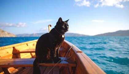 A black cat sits serenely on a small wooden boat, gazing out at a calm sea under a bright sky