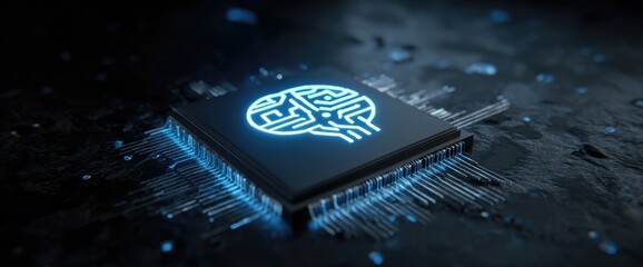 Advanced computer chip with glowing brain symbol
