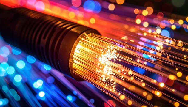 Luminous Fiber Optic Strands Radiating Data with Vibrant Bokeh Lights - Powered by Adobe
