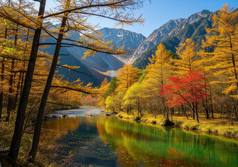 Naklejka premium Serene river reflecting the vibrant golden foliage of autumn trees, with majestic mountains rising in the background under a clear blue sky.