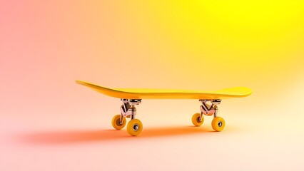 A vibrant yellow skateboard captured at a dynamic angle against a gradient background with motion effects.