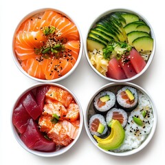 Four bowls of poke and sushi isolated on white background