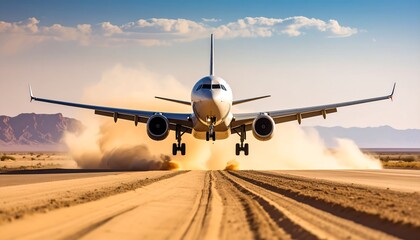 Naklejka premium Airplane landing on a desert runway, kicking up sand and dust
