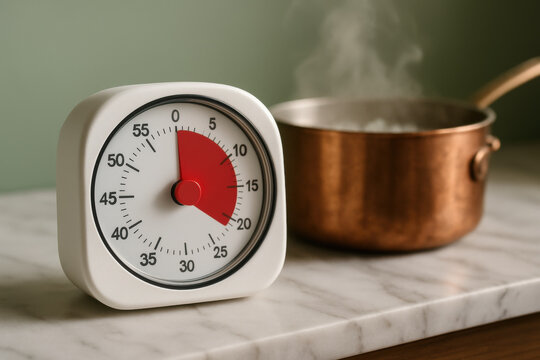 Kitchen timer counting down on marble counter with boiling pot in background, concept of home cooking and time management