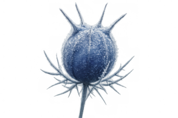 Frozen nigella damascena seed pod glistening with ice crystals, revealing intricate thorny texture against translucent backdrop