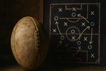 Vintage rugby ball with chalkboard displaying tactical sports strategy and game planning in retro athletic setting