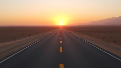 Fototapeta premium A desert road splits under a golden sunset, creating a striking contrast with warm hues.