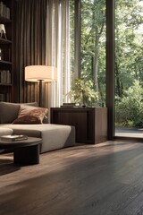 Fototapeta premium Sunlit modern living room with beige sofa and floor lamp. Tall curtains frame a forest view. Calm balance and focus. Perfect for wellness branding and interior design marketing.
