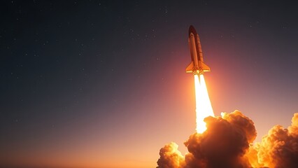 Futuristic Spacecraft Launch at Dusk with Fiery Exhaust Trail