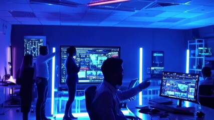 Futuristic control room with data analysis, engineering and diverse professional team - Powered by Adobe