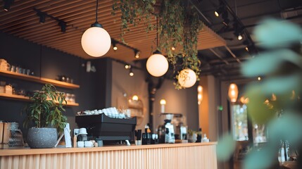 Cafe interior with warm lighting and plants.