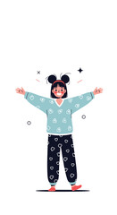 A young girl in pajamas joyfully dances with her arms outstretched in a playful and carefree manner surrounded by musical notes