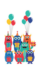 Joyful monsters celebrate a birthday party with colorful balloons and gifts