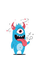 An adorable one eyed blue monster with a big tongue and horns dancing merrily in a whimsical setting