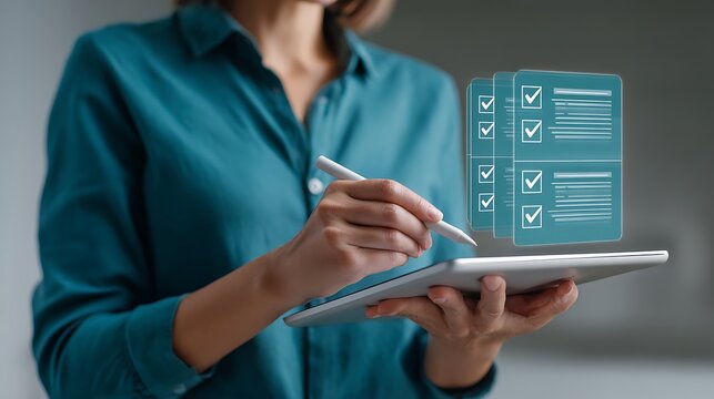 Woman using stylus on tablet with digital checklist interface - Powered by Adobe