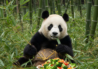 Obraz premium Panda eating vegetables in bamboo forest