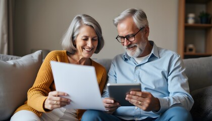 Happy senior couple enjoying digital tablet and paper documents together at home