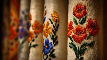 Close-up view of embroidered floral designs on fabric.