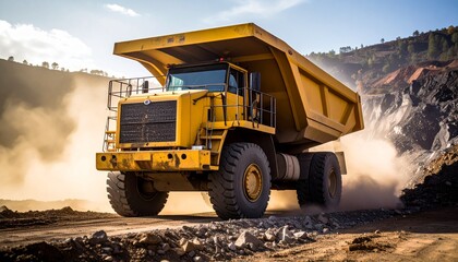 Giant yellow dump truck unloading rocks in a copper mine, dusty environment