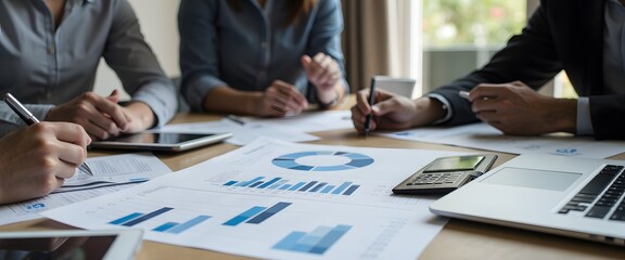 Office Team Collaboration on Financial Reports and Data Analysis in Modern Workspace