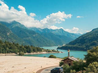 Scenic lakeside view featuring a car parked near a wooden cabin, surrounded by mountains and clear blue skies
