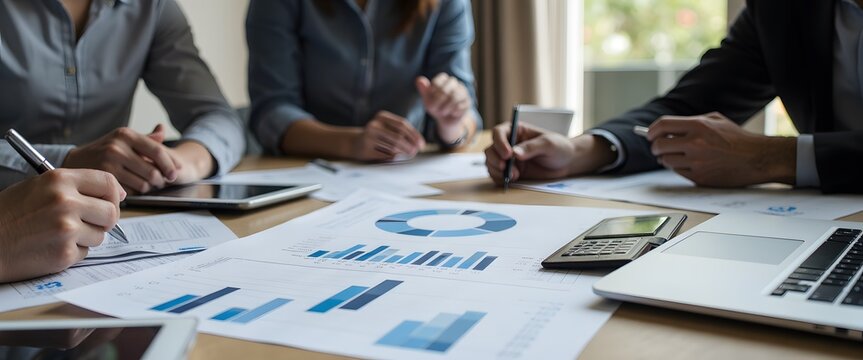 Office Team Collaboration on Financial Reports and Data Analysis in Modern Workspace