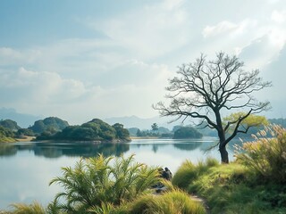 Tranquil lakeside scene featuring a solitary tree and lush greenery reflected on the calm water under a soft sky
