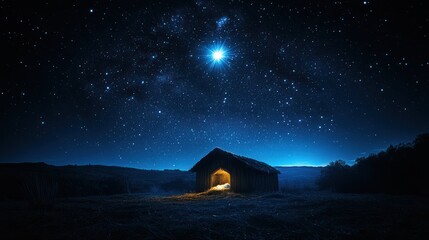 A rustic barn glows under a brilliant star-filled night sky.
