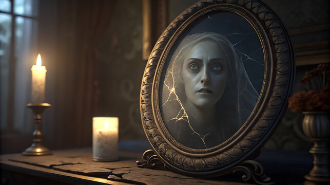Eerie reflection of a pale woman in an ornate antique mirror by candlelight - Powered by Adobe