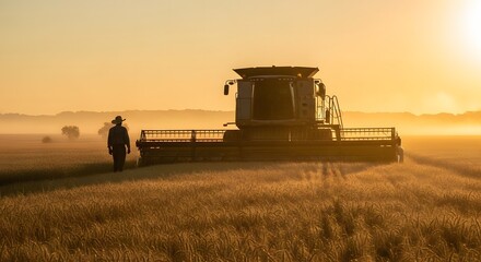 Silhouette of a farmer standing in a golden wheat field next to a combine harvester during a beautiful sunrise. Concept of agriculture, farming, harvest, and food production