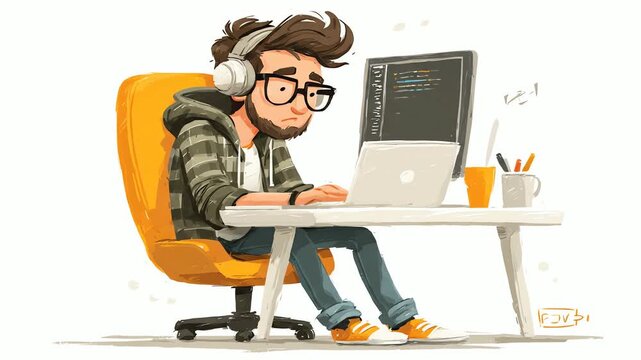 Cartoon developer engrossed in coding at desk