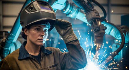 A skilled female welder in protective gear adjusts her helmet in a high-tech factory. Welding sparks and a robotic arm are in the background, showing modern industry.