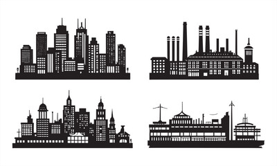 Naklejka premium City Skyline Silhouettes. Diverse Architectural Elements in Monochrome