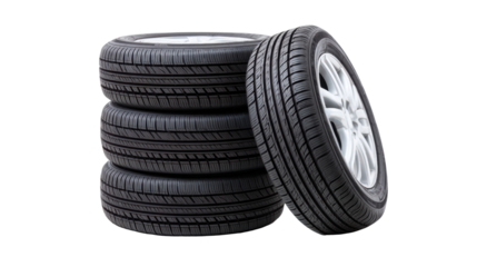 Tire isolated on transparent background with detailed tread pattern and rim design