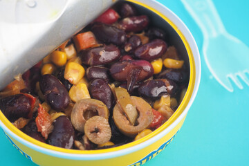 Colorful mix of beans and corn in a can for meal prep